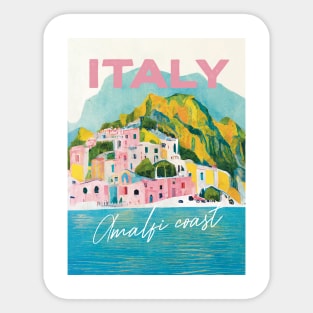 Amalfi Coast Pastel Gouache Italy Travel Poster Retro Wall Art Illustration Sticker